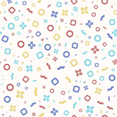 Kareler, daireler, haçlar, çizgiler ile soyut, pürüzsüz desen.