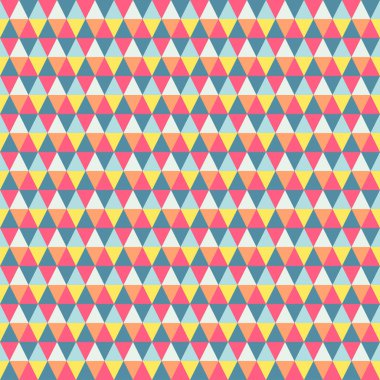 Kusursuz vektör deseni. Kırmızı, mavi, turuncu ve sarı tonlarda üçgenlerin soyut geometrik arkaplanı. Duvar kağıdı, kumaş, ambalaj ve daha fazlası için.