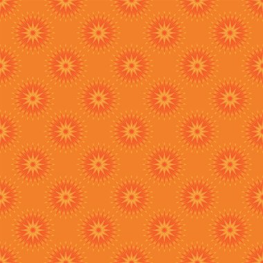 Paketleme, kumaş, arkaplan ve diğer ürünler için turuncu arka planda sarı soyut çiçeklerle kusursuz desen.