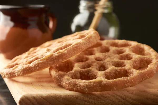 Mexican Fritter Puuelos Circular Shape Bottom Coffee Honey Enjoy Placed — Stock Photo, Image