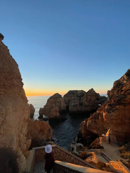 普拉亚 皮达德 Praia Dona Ana Ponta Piedade 带着碧绿的海水和悬崖峭壁 飞越葡萄牙海滩上空的海鸥 葡萄牙阿尔加维拉各斯美丽的多纳安娜海滩 — 图库照片
