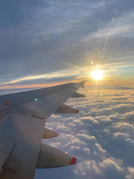 Flying Traveling View Airplane Window Wing Sunset Time — Stock Photo, Image