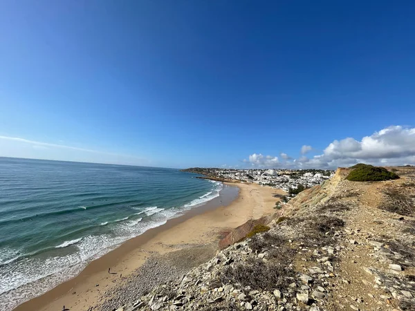 Vista Aérea Pescadores Trilha Algarve Portugal Lagos Porto Praia Luz — Fotografia de Stock