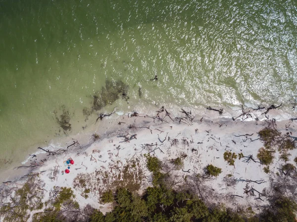 Güzel sahil manzarası. Kumsalda turkuaz deniz suyunun hava dronu görüntüsü. Mesaj için uzay. Turkuaz suyu ve büyük dalgalı havadan manzaralı Karayipler sahili. Florida Cayo Costa Adası