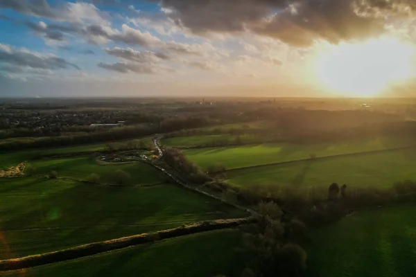 Aerial View Sunshine Sunrise Bright Dramatic Sky Agricultural Landscape Spring — ストック写真