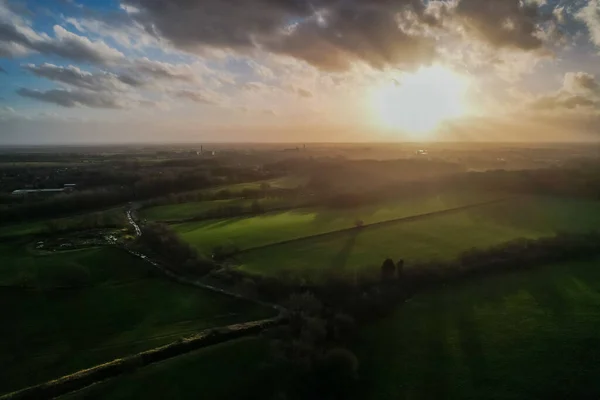 Aerial View Sunshine Sunrise Bright Dramatic Sky Agricultural Landscape Spring — Stockfoto