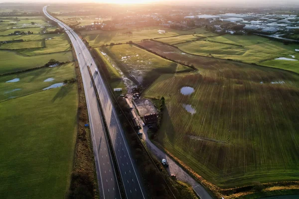 Sunrise Motorway Highway Countryside Greenery British Countryside Aerial Drone View Stock Obrázky
