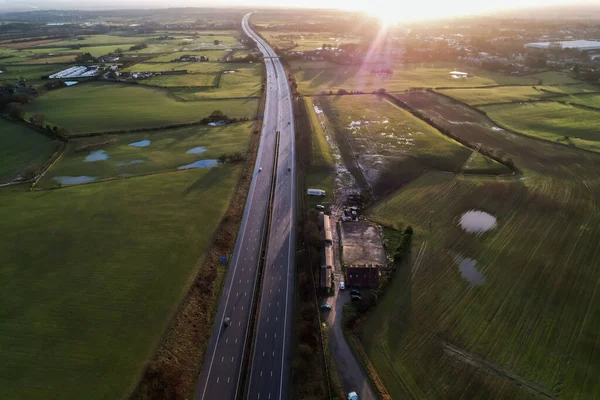 Sunrise Motorway Highway Countryside Greenery British Countryside Aerial Drone View Royalty Free Stock Fotografie