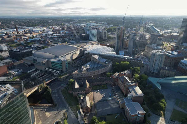 Manchester Arena City Centre Drone Aerial View Above Building Work Skyline Construction Blue Sky Summer 2022
