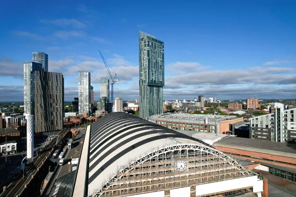 Manchester City Centre Drone Aerial View Above Building Work Skyline Construction Blue Sky Summer 2022 Beetham Tower Deansgate