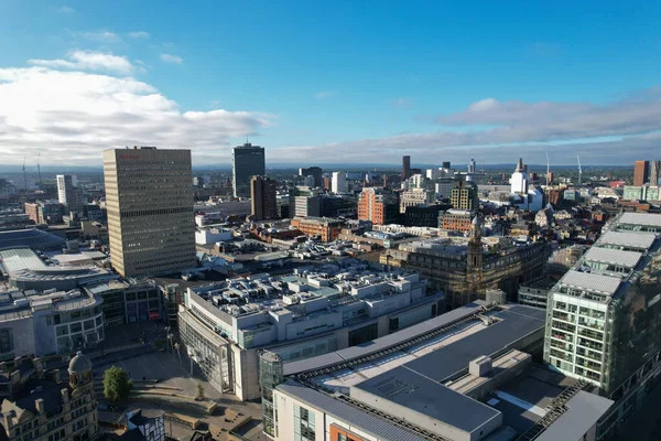 Manchester City Centre Drone Aerial View Above Building Work Skyline Construction Blue Sky Summer 2022