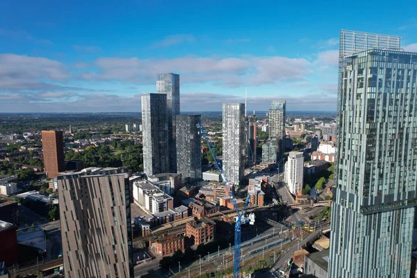 Manchester City Centre Drone Aerial View Above Building Work Skyline Construction Blue Sky Summer 2022 Beetham Tower Deansgate Square