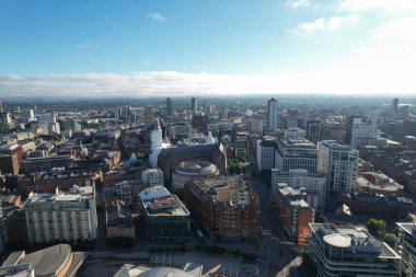 Manchester Şehir Merkezi Drone Havacılık Görünümü Binanın Üstü İnşaat Skyline İnşaat Mavi Gökyüzü 2022 Beetham Kulesi Deansgate Meydanı