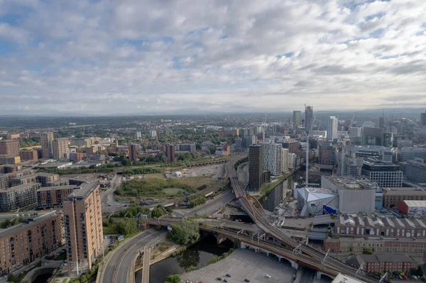 Manchester City Centre Drone Aerial View Above Building Work Skyline Construction Blue Sky Summer Beetham Tower Apartments Estate Agent