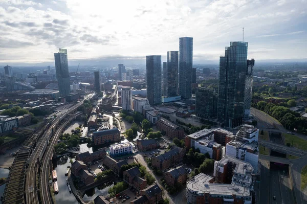 Manchester City Centre Drone Aerial View Above Building Work Skyline Construction Blue Sky Summer Beetham Tower Apartments Estate Agent 2022