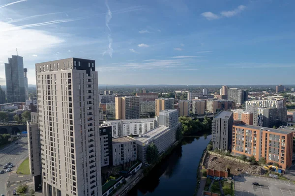 Manchester City Centre Drone Aerial View Above Building Work Skyline Construction Blue Sky Summer Beetham Tower Apartments Estate Agent 2022