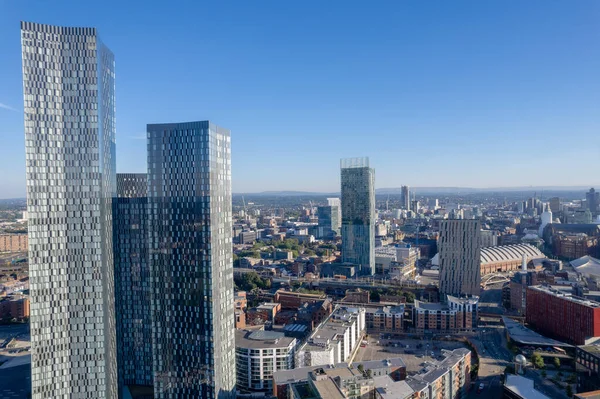 Manchester City Centre Drone Aerial View Above Building Work Skyline Construction Blue Sky Summer Beetham Tower Deansgate Square 2022