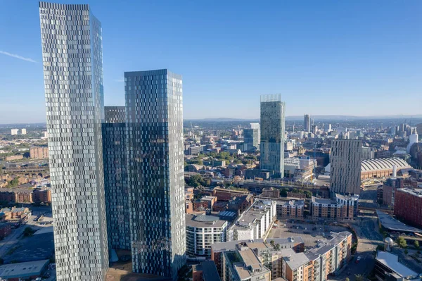 Manchester City Centre Drone Aerial View Above Building Work Skyline Construction Blue Sky Summer Beetham Tower Deansgate Square 2022