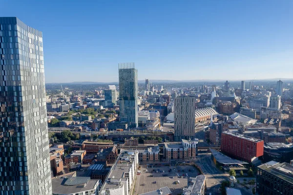 Manchester City Centre Drone Aerial View Above Building Work Skyline Construction Blue Sky Summer Beetham Tower Deansgate Square 2022