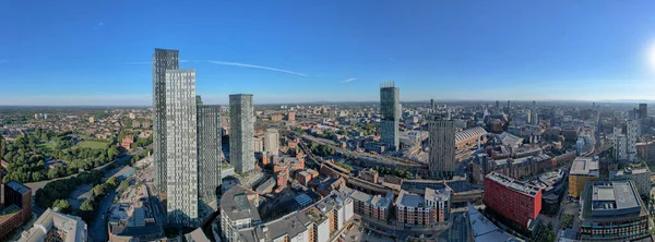 Panoramic Manchester City Centre Drone Aerial View Above Building Work Skyline Construction Blue Sky Summer Beetham Tower Deansgate Square 2022