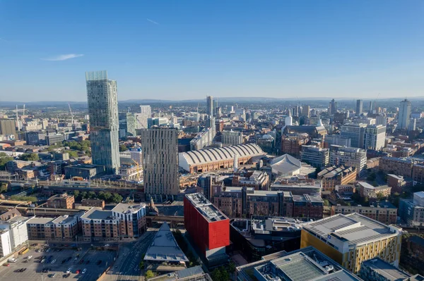 Manchester City Centre Drone Aerial View Above Building Work Skyline Construction Blue Sky Summer Beetham Tower Deansgate Square 2022