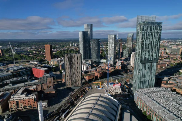 Manchester City Centre Drone Aerial View Above Building Work Skyline Construction Blue Sky Summer 2022 Beetham Tower Deansgate