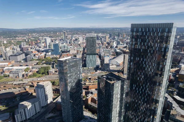 Manchester City Centre Drone Aerial View Above Building Work Skyline Construction Blue Sky Summer Beetham Tower Deansgate Square Glass Towers