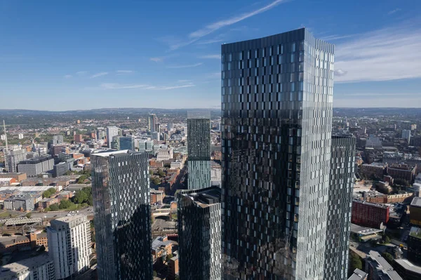 Manchester City Centre Drone Aerial View Above Building Work Skyline Construction Blue Sky Summer Beetham Tower Deansgate Square Glass Towers