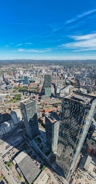 Manchester City Centre Drone Aerial View Above Building Work Skyline Construction Blue Sky Summer Beetham Tower Deansgate Square Glass Towers