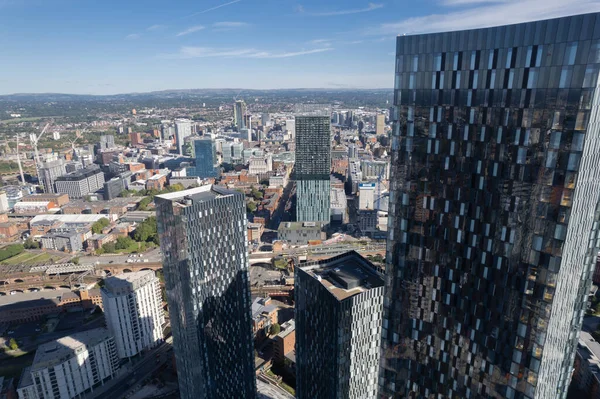 Manchester City Centre Drone Aerial View Above Building Work Skyline Construction Blue Sky Summer Beetham Tower Deansgate Square Glass Towers