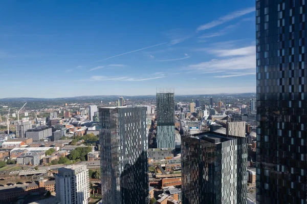 Manchester City Centre Drone Aerial View Above Building Work Skyline Construction Blue Sky Summer Beetham Tower Deansgate Square Glass Towers