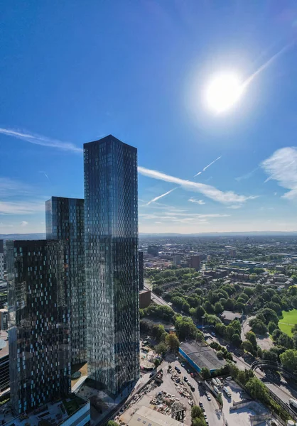 Manchester City Centre Drone Aerial View Above Building Work Skyline Construction Blue Sky Summer Beetham Tower Deansgate Square Glass Towers