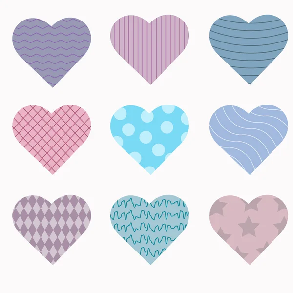 Collection of hearts with geometric design and ornament — Stock Vector