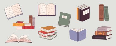 Kitap yığını vektör karikatür çizim seti. Okul kütüphanesi ya da kitapçı için kitap yığını