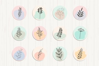 Instagram hikaye vurgu simgesi. Çiçek ve yapraklı karalama elementleri. Boho çiçek logosu tasarımı. Butik için logo, çiçekçi dükkanı, ekolojik ürün. El çizimi vektör illüstrasyonu