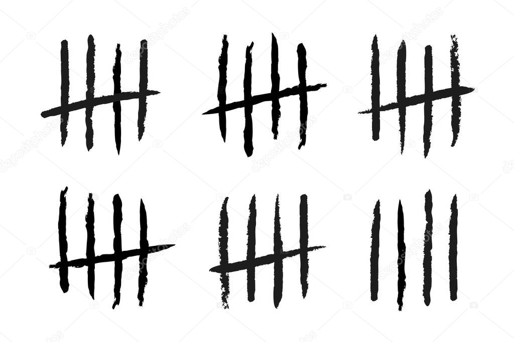 Tally marks count or prison wall lines counter. Sketch slash sticks. Prison jail scratch day number. Vector lines or sticks hand drawn with brush strokes