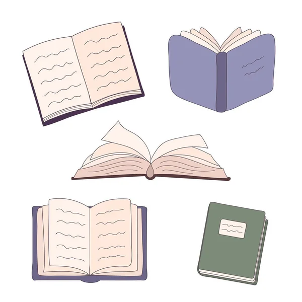 Conjunto de ilustração de esboço de livro escolar aberto e fechado. Coleção de ícones doodle Notebook — Vetor de Stock