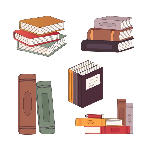 책의 스택 벡터 낙서 일러스트 세트. Pile of books with pensil for school library or bookstore — 스톡 벡터