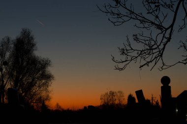  Parça parça cmentarnych pomnikw i sycha ga na pierwszym planie na tle nieba na dugo prsed witem