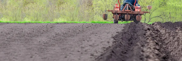 Tavaszi mezőgazdasági munka a mezőn, burgonya ültetése a faluban. Piros kis traktor ekével és barázdákkal a földben — Stock Fotó