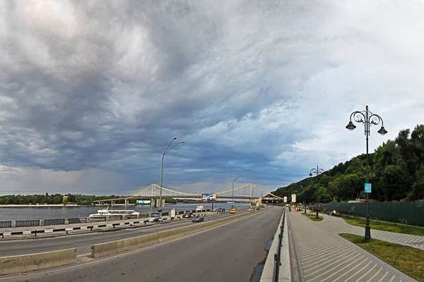Kijów Ukraina Lipca 2014 Rok Panorama Wału Dniepru Autostrady Mostu — Zdjęcie stockowe