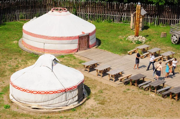 Kyiv, Ukraine. July 06, 2013. Housing for nomads in a historical park. White cloth domed houses of the Scythians — стокове фото