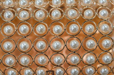 Yaldızlı bir kafes içinde süslü inci süslemeleri. Yumuşak odaklı arkaplan.