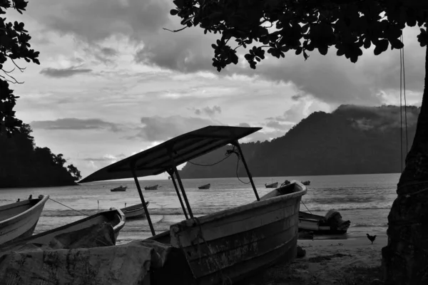 Una Escena Monocromática Blanco Negro Barco Pesquero Bahía Maracas Trinidad —  Fotos de Stock