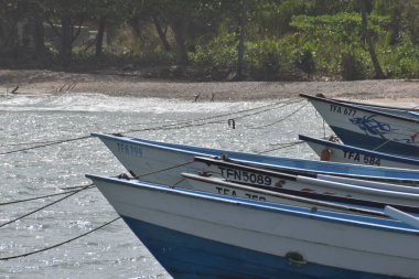 Toco, Trinidad ve Tobago - 27 Mart 2022 - Saline Bay, Toco, Trinidad, Batı Hint Adaları 'ndaki ahşap balıkçı tekneleri veya balıkçı tekneleri.