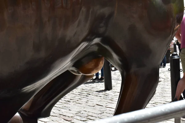 美国纽约市曼哈顿 2022年5月17日 控罪公牛 Charging Bull 华尔街公牛 Bull Wall Street 是美国华尔街或金融区的青铜公牛雕塑 — 图库照片
