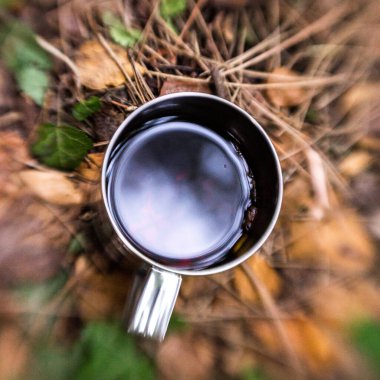 Ormanda kuru yapraklar ve çam iğneleri üzerinde bir kupa kahve standı. Kupadaki yansıma bulanık.