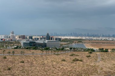 Dubai, United Arab Emirates  January 01 2022 The Dubai skyline view for top of the building from Dubai Silicon Oasis (DSO) at rainy day