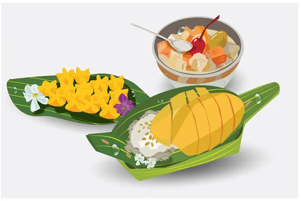 Ilustrasi Vektor Hidangan Penutup Thailand Mangga Beras Lengket Thongyib Makanan - Stok Vektor