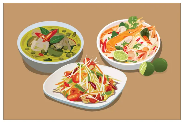 Illustrationsvektor Grünes Curry Tom Yum Gong Papayasalat Geeignet Für Illustration — Stockvektor
